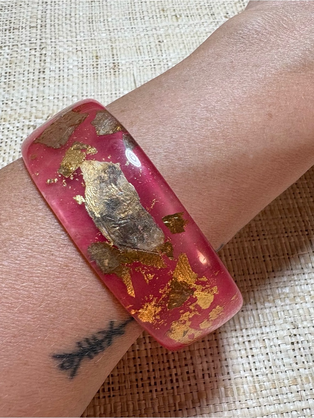 Pink Resin Bangle Bracelet with Gold Leaf Flakes | Statement Cuff